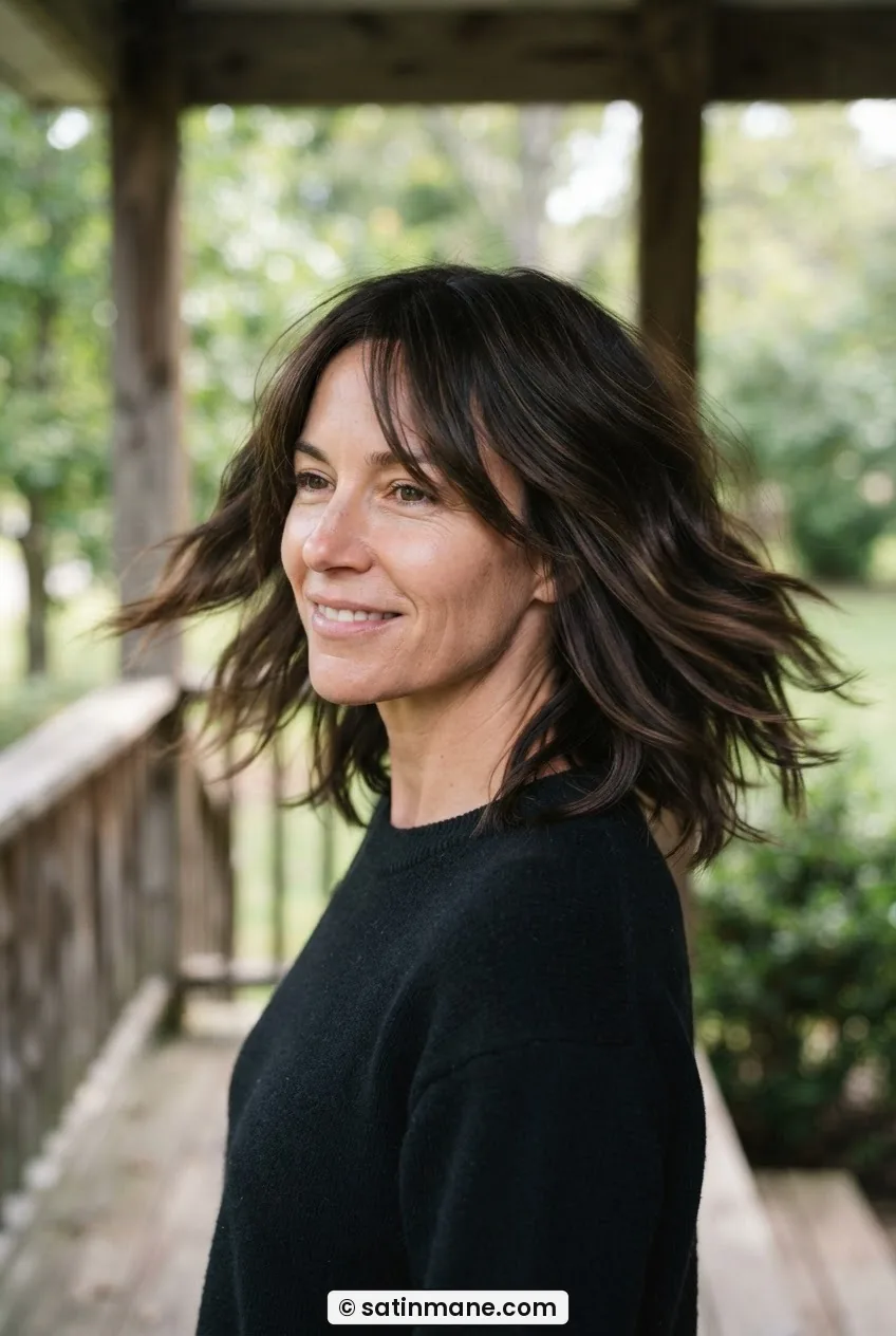 Woman with updated 2023 shag featuring mid-length texture and heavier perimeter ends mid-turn in soft light
