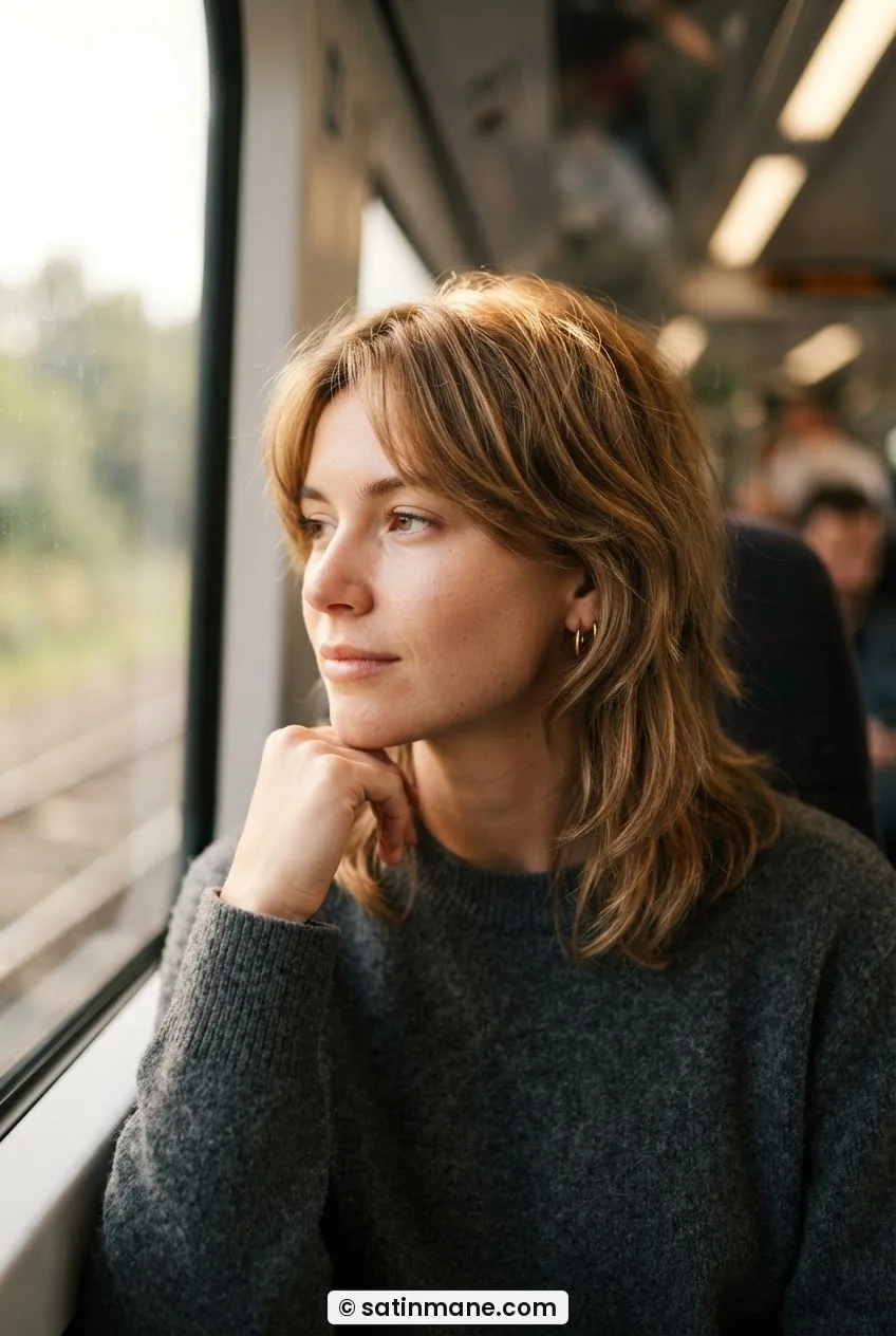 Woman with a 2026 medium length shag, layers starting at cheekbone and falling to shoulder, warm natural window light