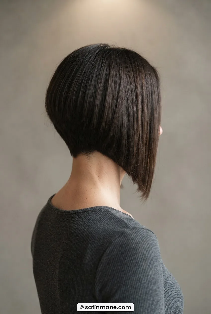 Rear three-quarter view of a woman with an A-line bob showing steep angle from cropped nape to collarbone front
