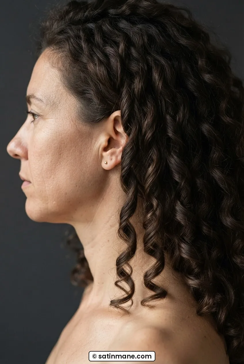 Two adjacent long curl clumps released and falling freely showing a seamless blend line between neighboring curls