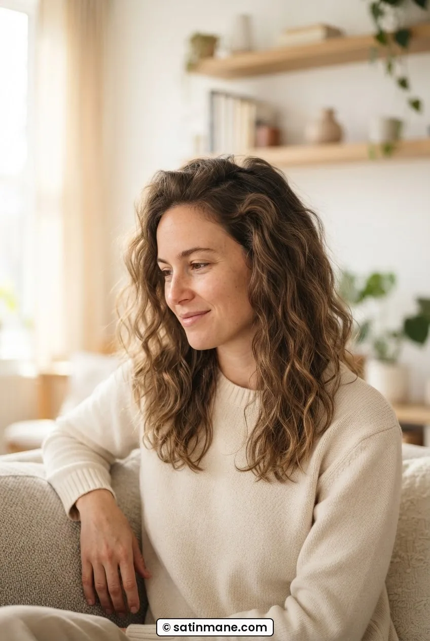 Woman with air-dried loose natural waves sitting casually in a bright morning room