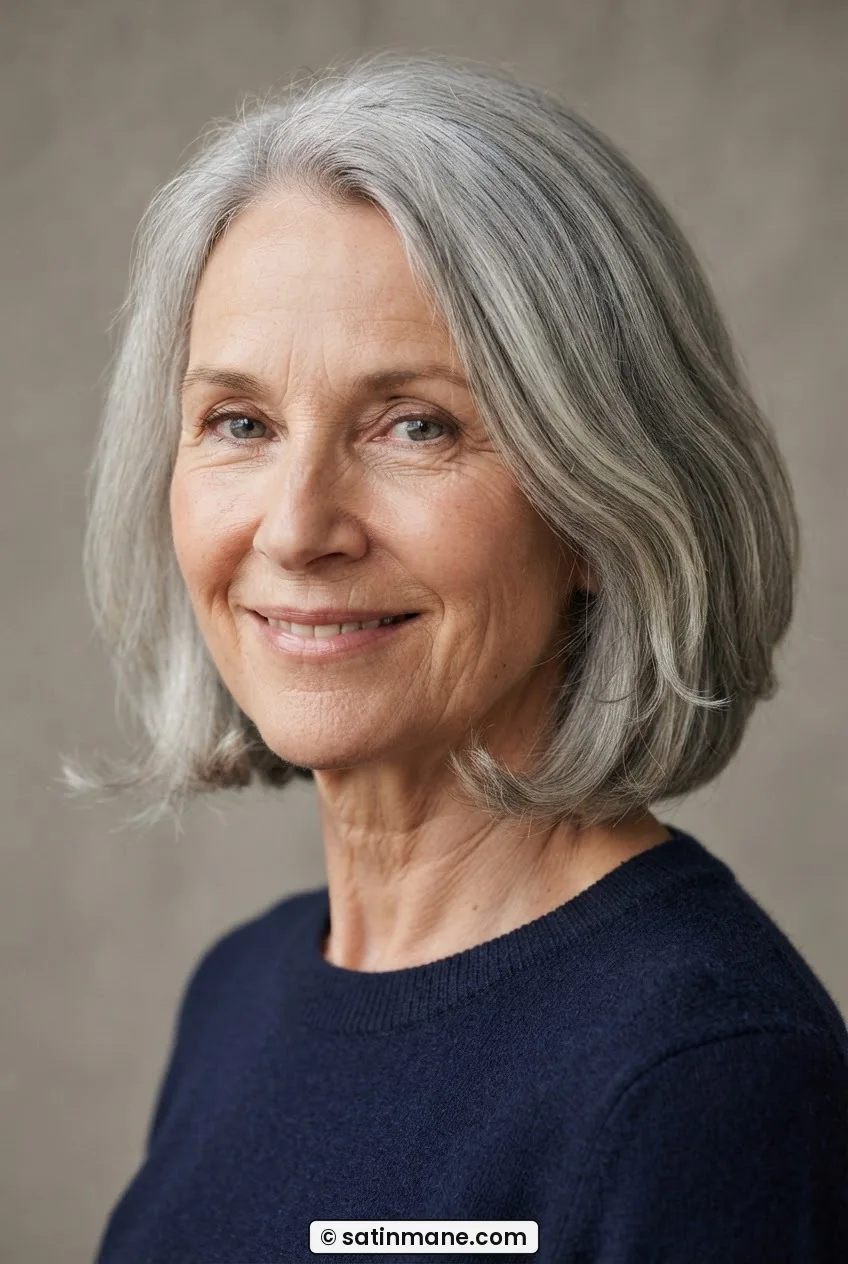 62-year-old woman with silver bob showing natural C-curve at ends, air-dried, three-quarter angle against warm grey backdrop