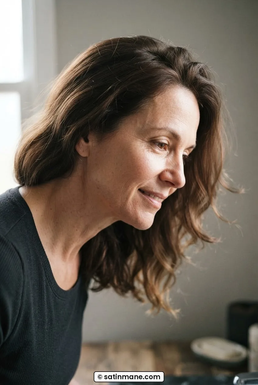 51-year-old woman with hair air-drying naturally, soft movement in mid-lengths, leaning over bathroom counter