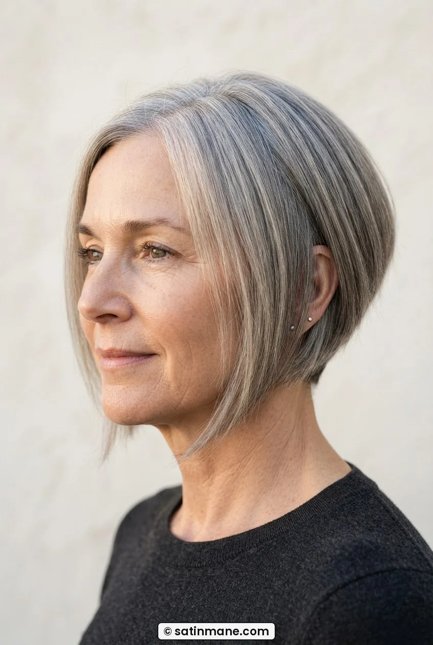 Woman with fine straight hair in an A-line bob showing the diagonal angle from short nape to longer jaw-length front