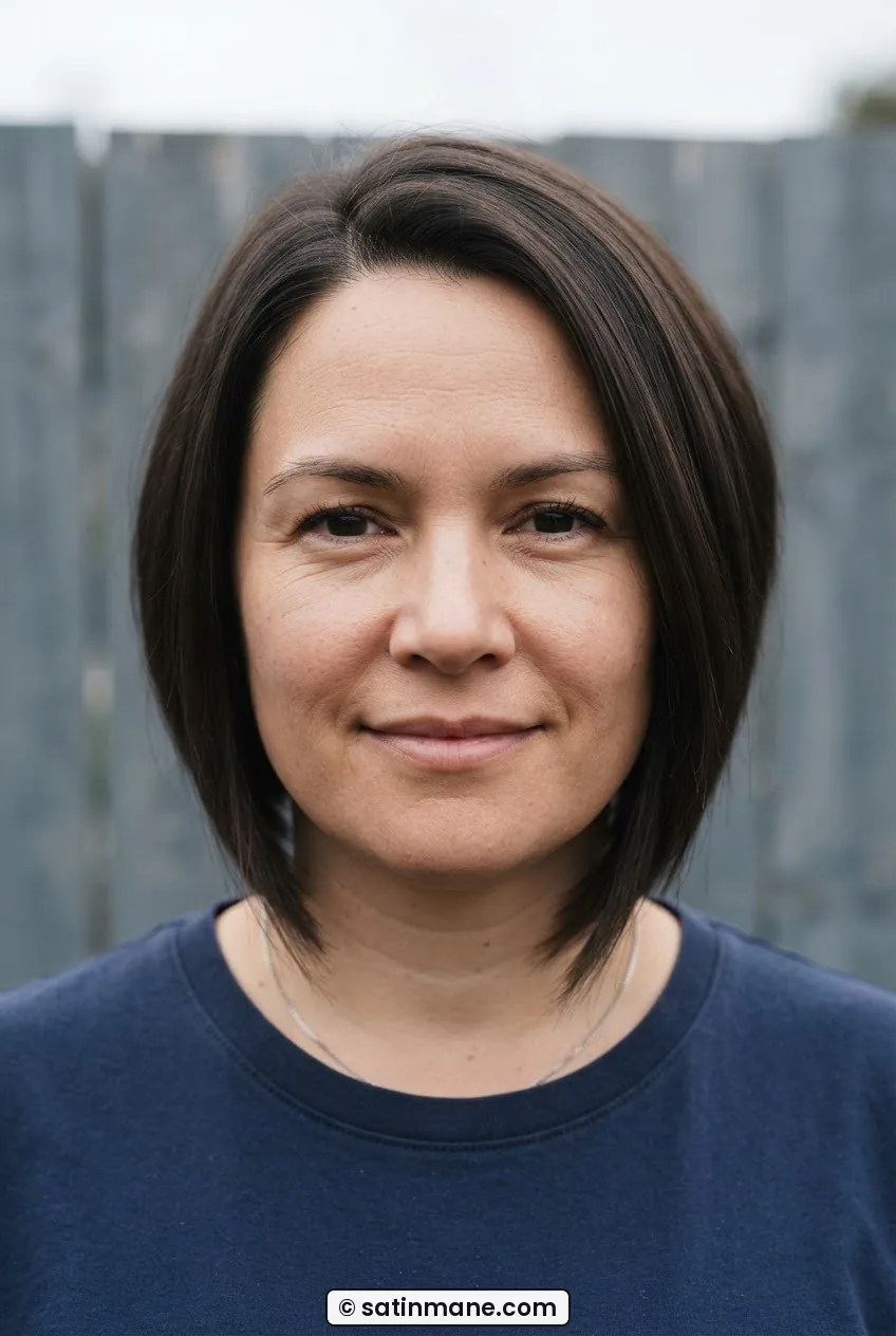 Woman with rounder face wearing angled chin-length bob longer at front and shorter at back in soft natural light