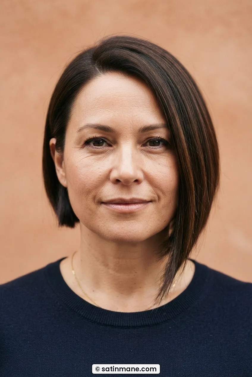 Woman with round face in an asymmetric bob with longer left side below jaw and shorter right side at earlobe