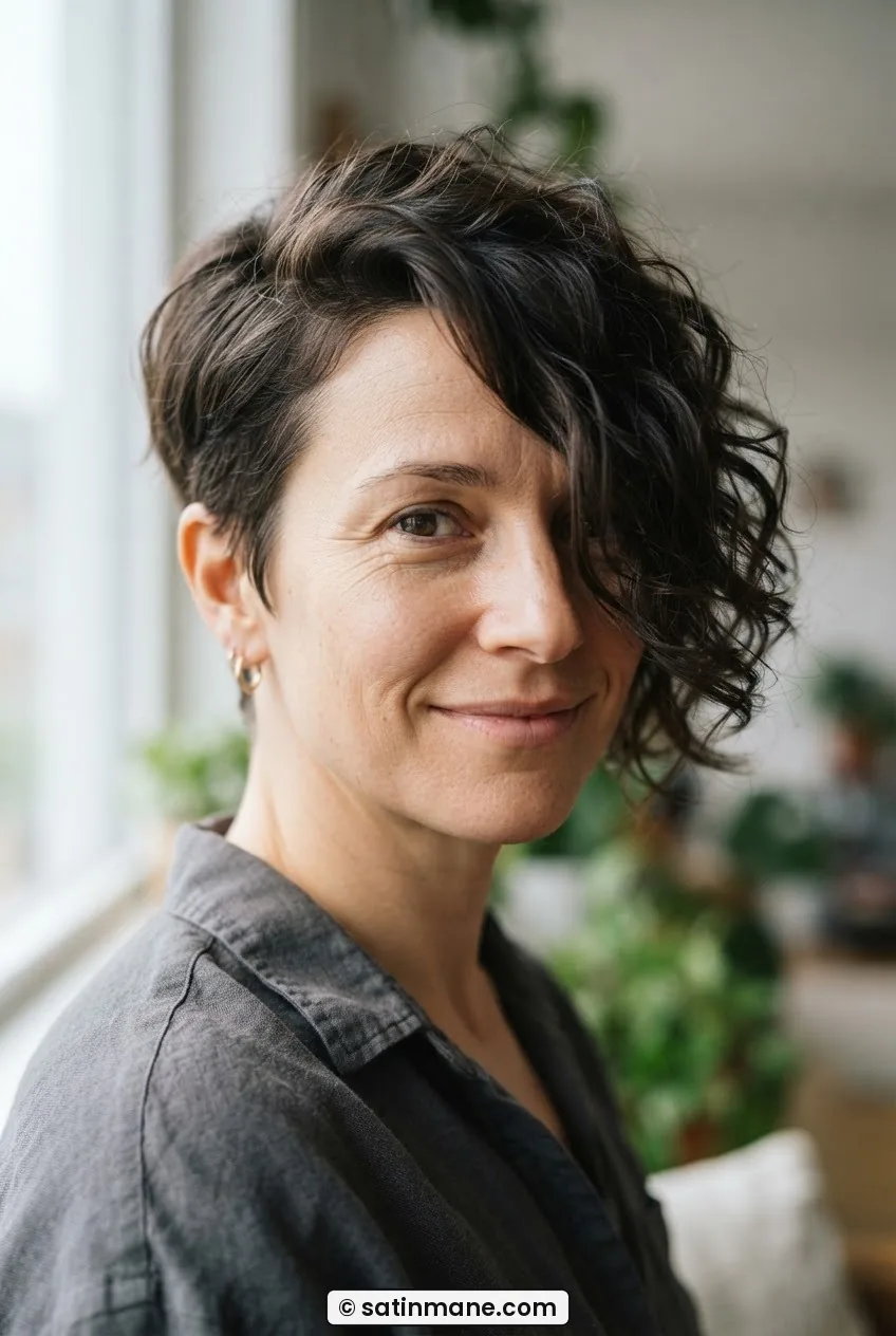 Woman with short frizzy hair in an asymmetric pixie cut with one side noticeably longer