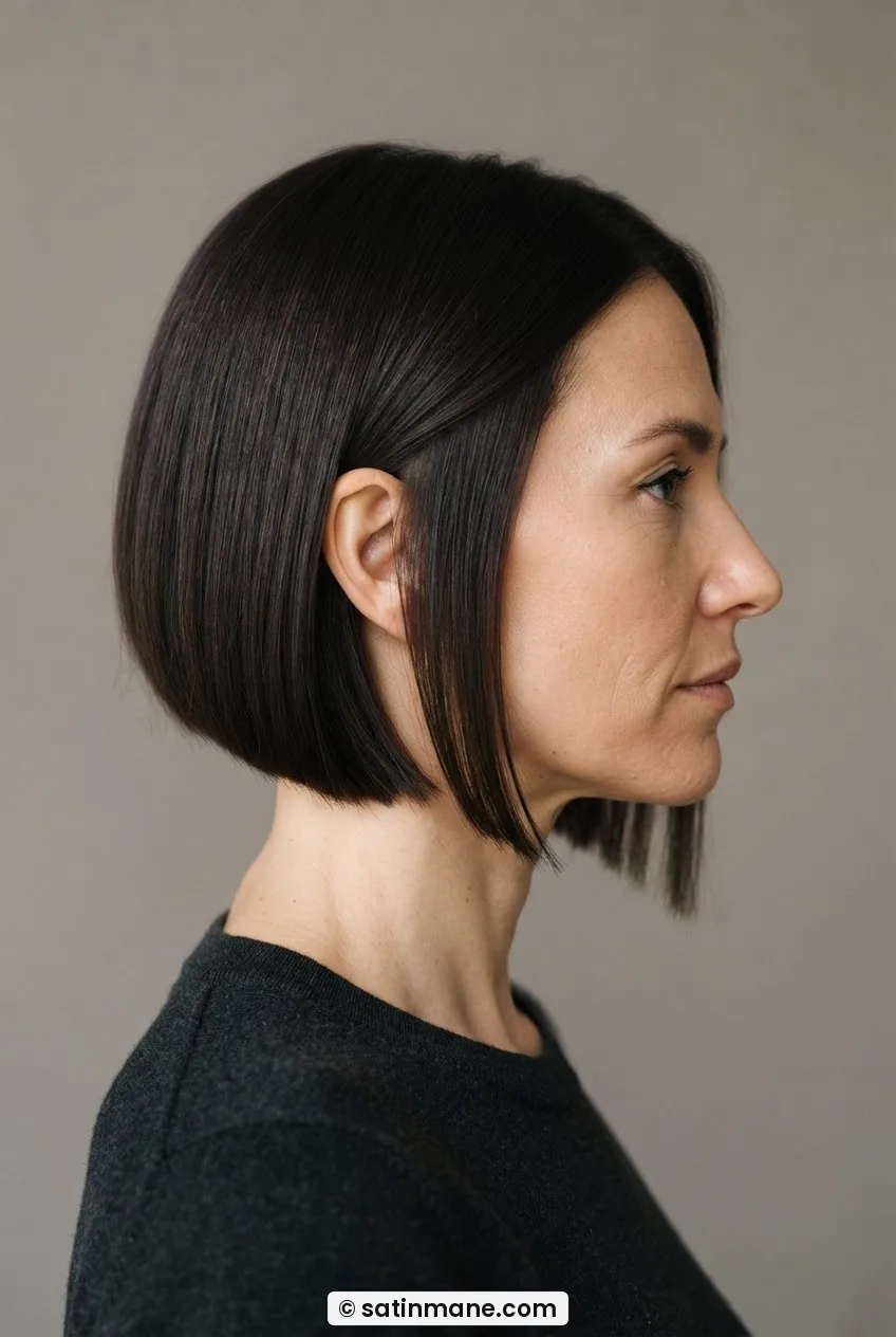 Side profile of a woman with an asymmetrical bob showing one side at the ear and the other grazing the jaw