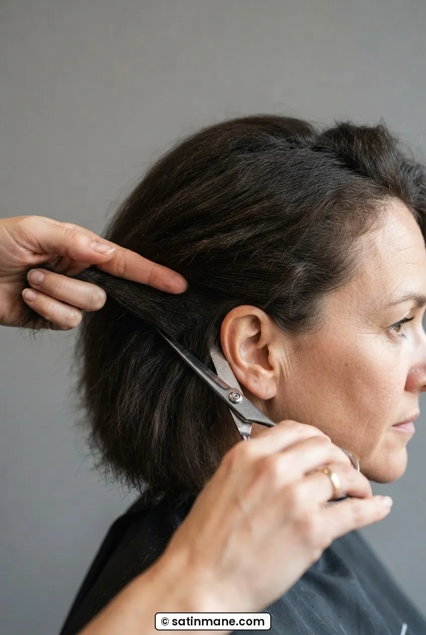 Triangular section of thick hair behind the left ear held horizontally outward showing interior density before weight removal