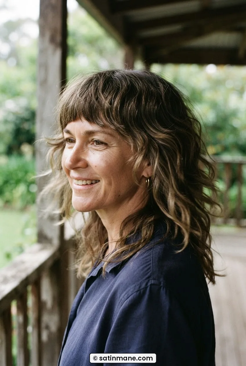 Woman with blended fringe and wavy late-seventies shag mid-turn on a porch with timber rail behind her