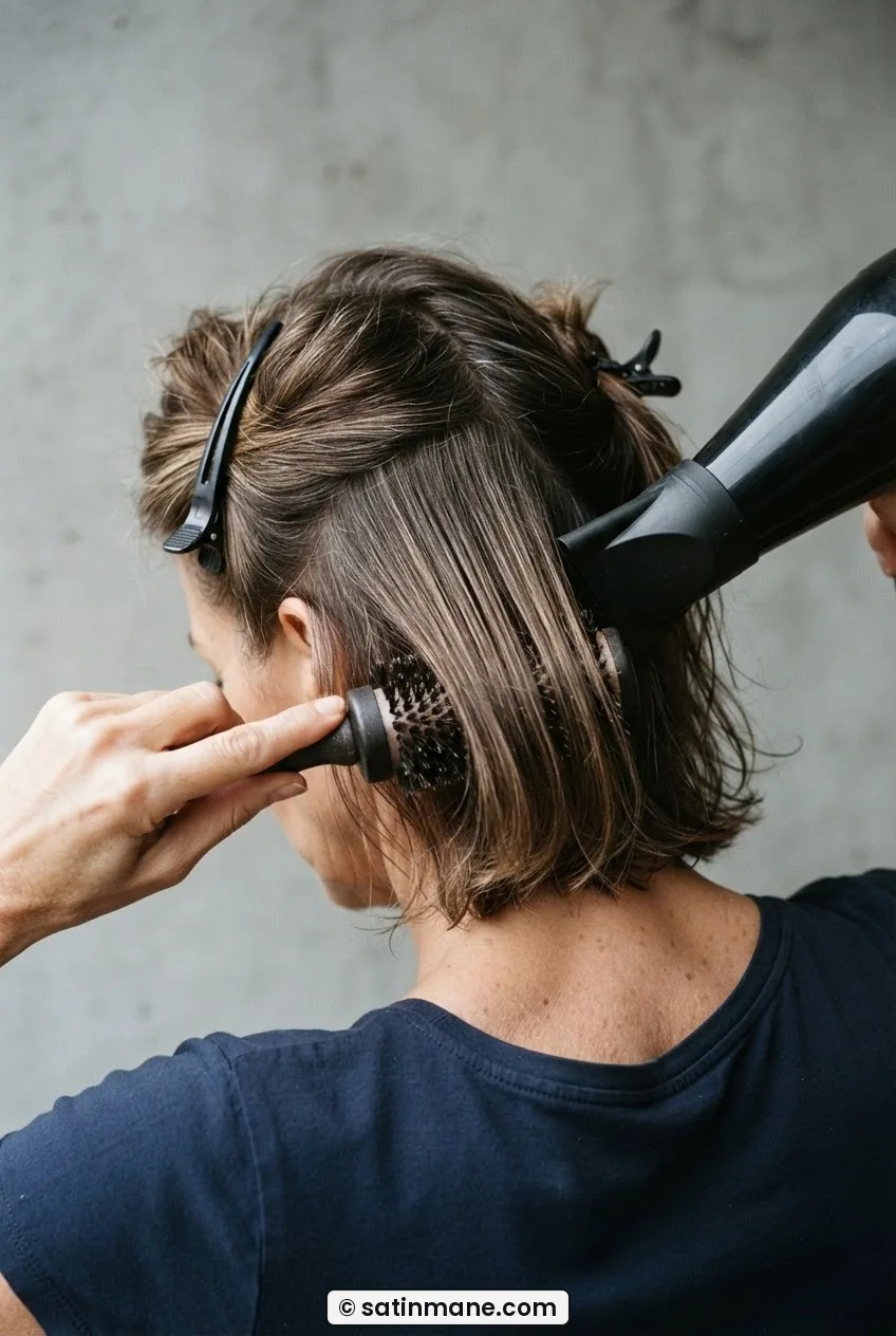 Round brush pulling down through mid-length section with blow dryer following hair shaft direction downward