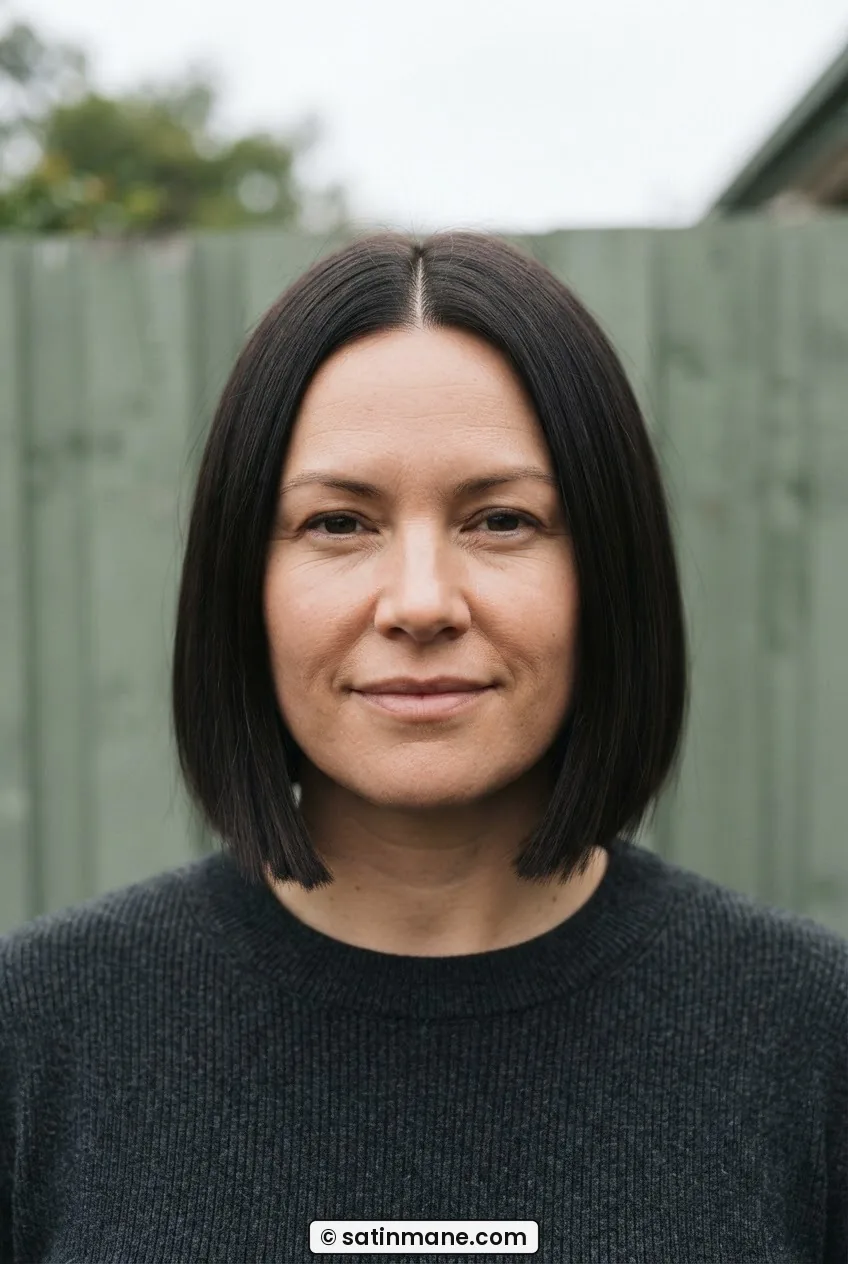 Woman with rounder face wearing jaw-length blunt bob with center part beside painted timber fence outdoors