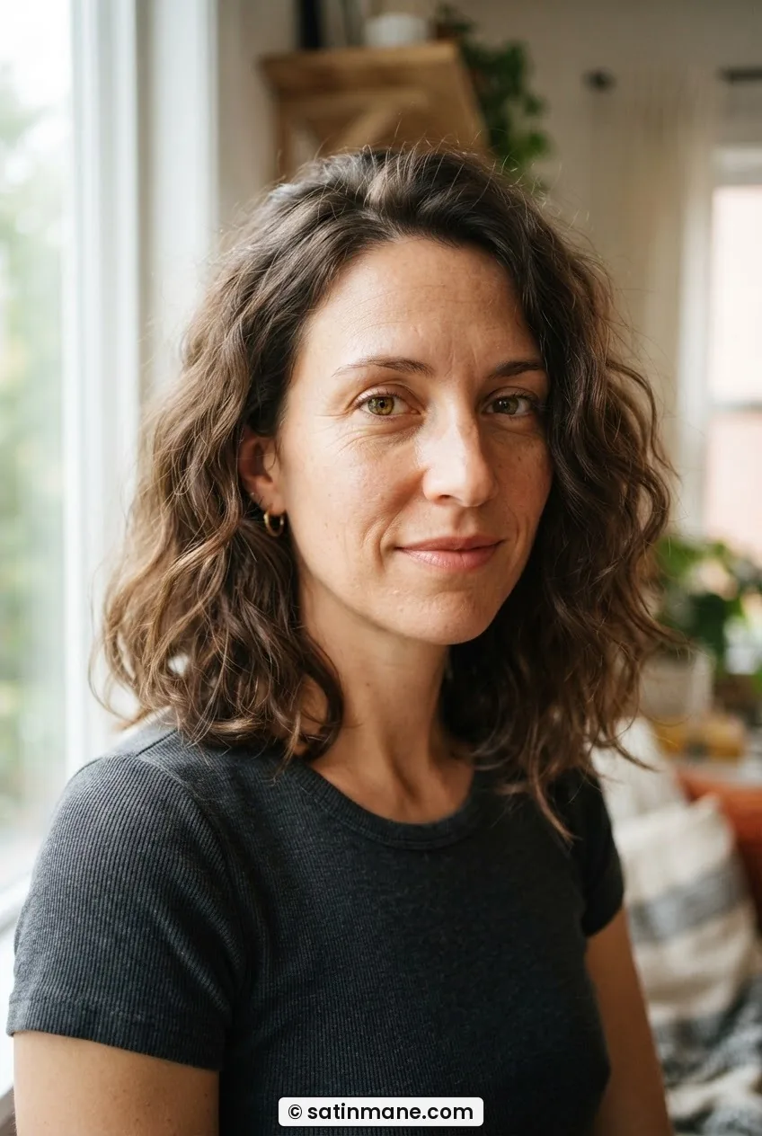 Woman with frizzy wavy hair in a blunt collarbone bob with point-cut ends, photographed by a window