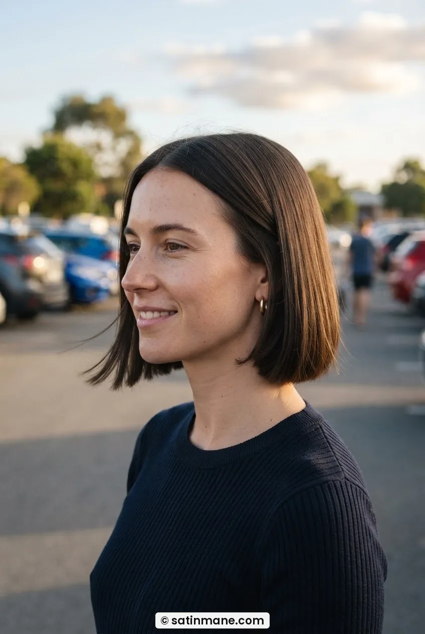 Woman with chin-length blunt bob standing in sunlit car park showing horizontal perimeter weight at jaw