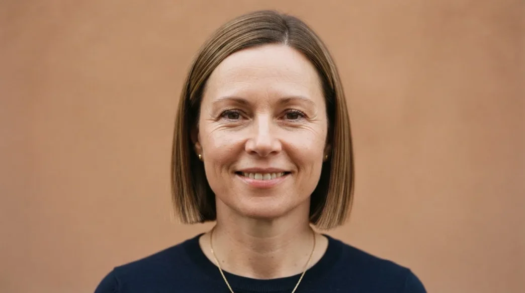 Woman with round face wearing a polished blunt bob cut ending just below the chin, editorial front view