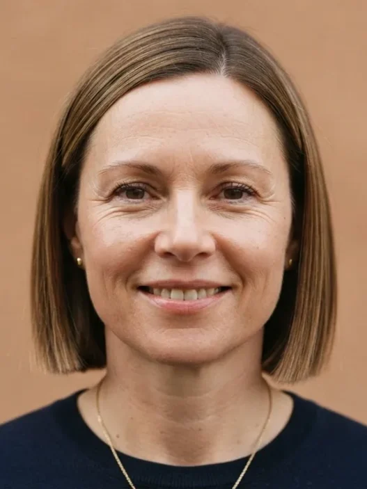Woman with round face wearing a polished blunt bob cut ending just below the chin, editorial front view