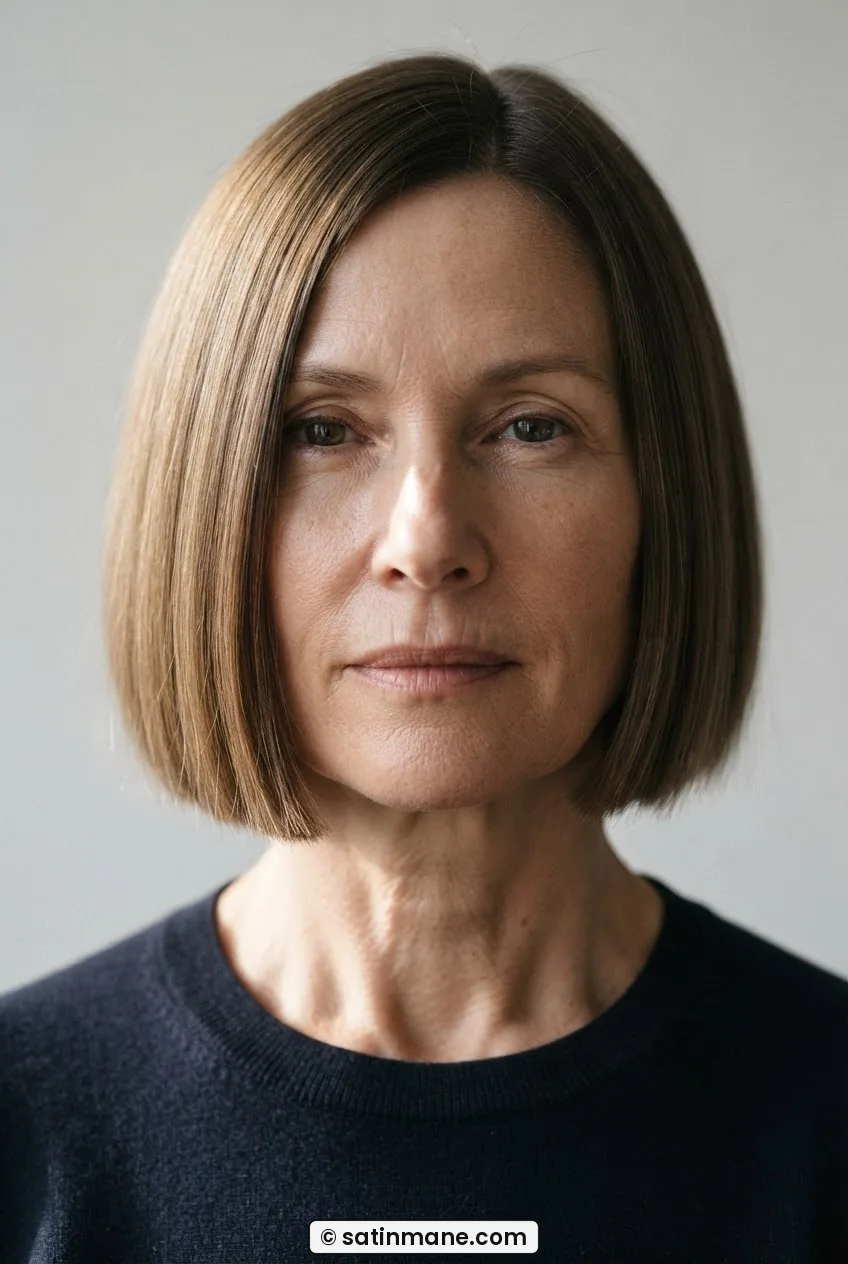 Woman with fine straight hair in a blunt chin-length bob, side lighting catching the smooth perimeter line