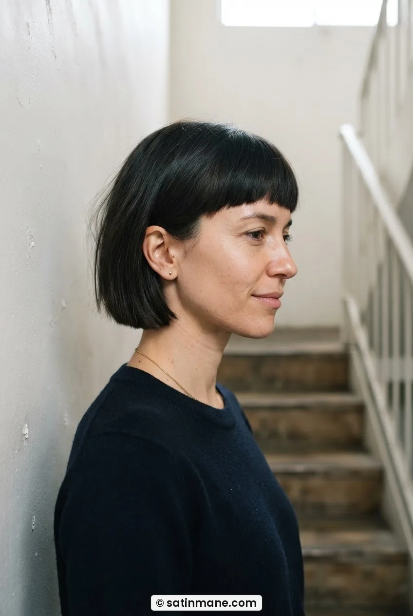 Woman with blunt chin-length bob where former fringe has grown to match the rest of the cut, jawline framing visible