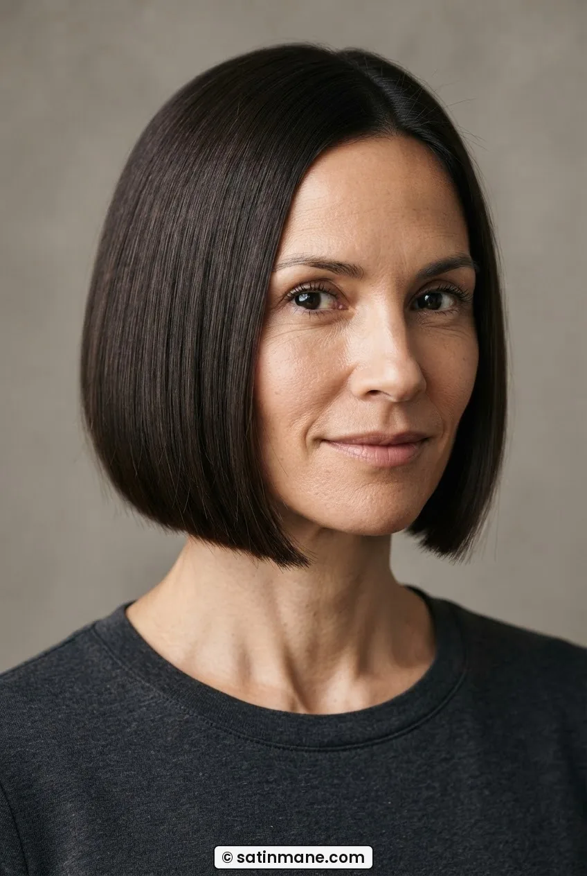 Woman with blunt chin-length bob transitioned from a grown-out pixie showing solid smooth jaw-level weight line