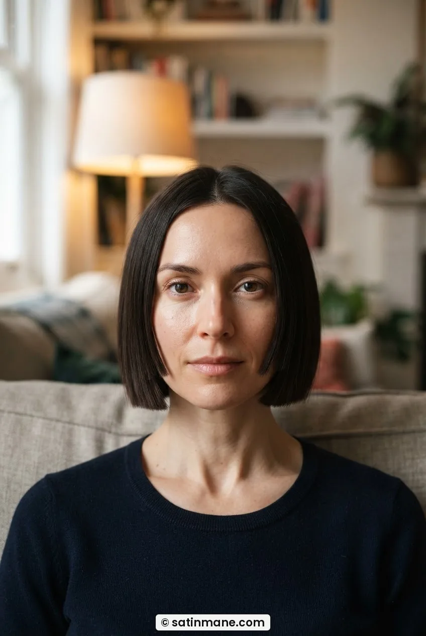 Woman with blunt jaw-length bob and face-framing pieces angling inward along the cheek, clean perimeter line