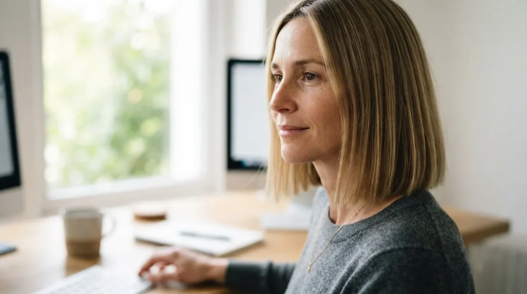 Woman with fine straight collarbone-length blunt hair in soft side window light, hair ends clearly defined