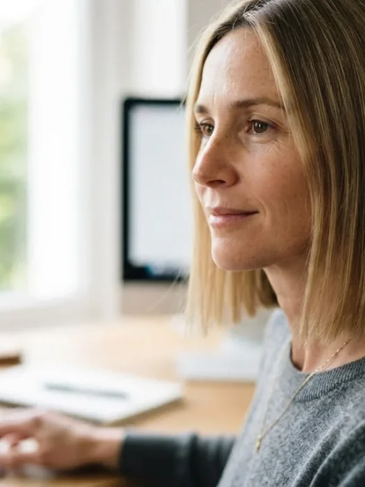 Woman with fine straight collarbone-length blunt hair in soft side window light, hair ends clearly defined