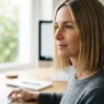 Woman with fine straight collarbone-length blunt hair in soft side window light, hair ends clearly defined