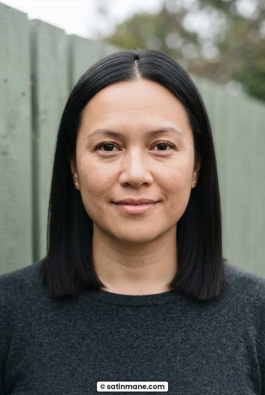 Woman with rounder face wearing blunt collarbone-length grow-out cut with clean straight ends outdoors