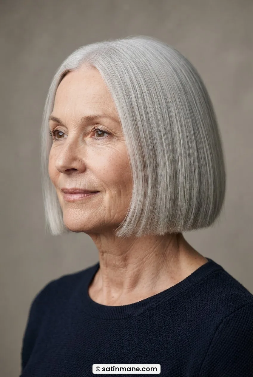 62-year-old woman with blunt-perimeter silver jaw-length bob, clean horizontal line visible from three-quarter angle, soft daylight