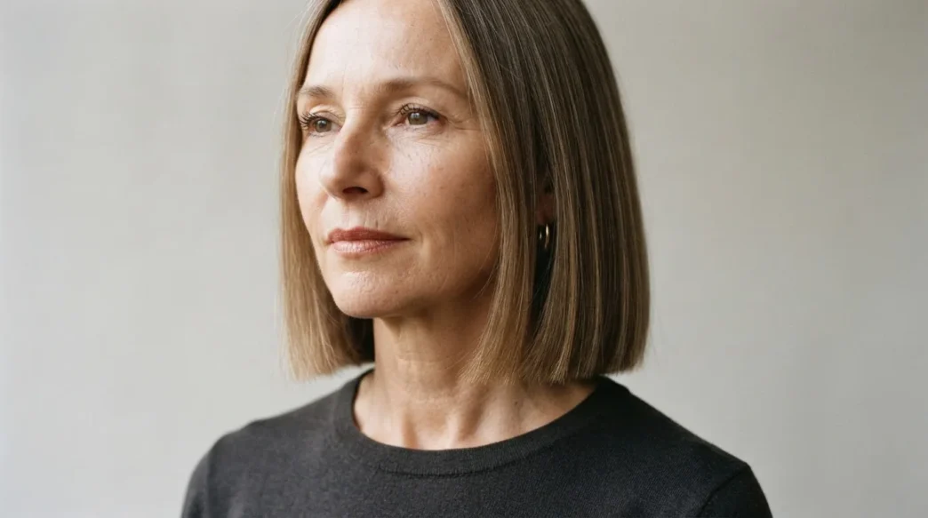 Woman with fine straight hair in a blunt collarbone-length lob showing clean perimeter under side lighting