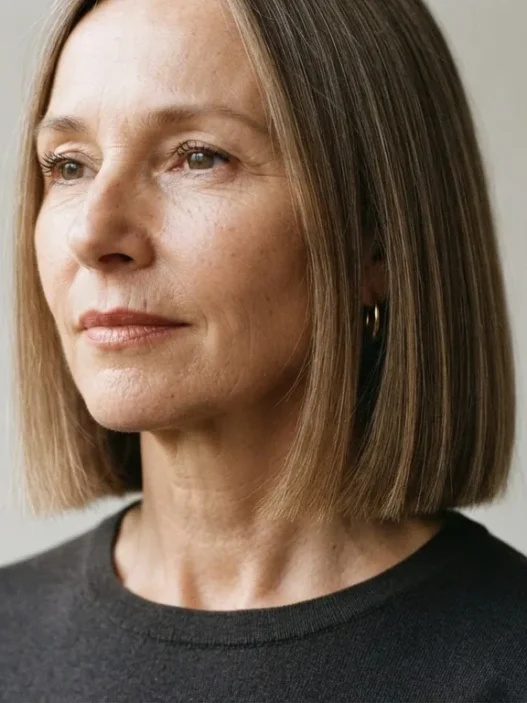 Woman with fine straight hair in a blunt collarbone-length lob showing clean perimeter under side lighting