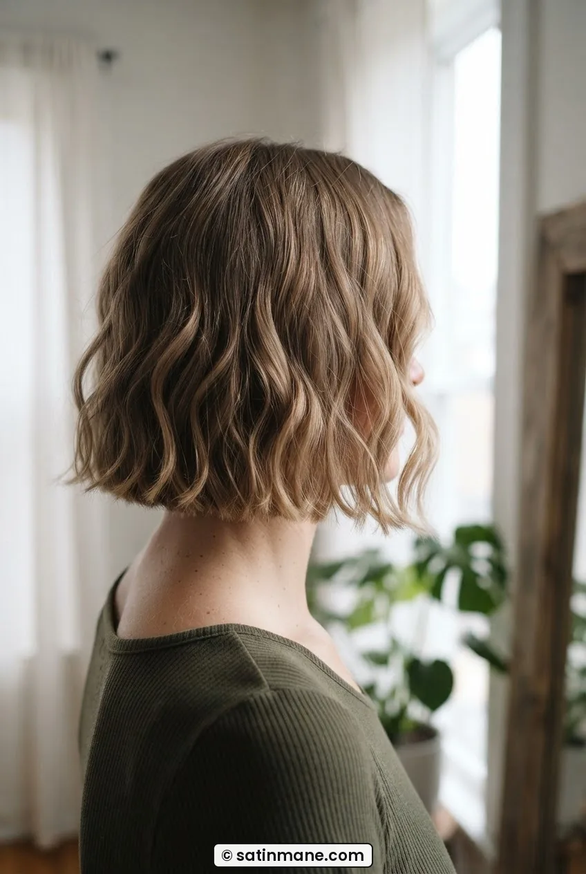 Woman with fine wavy hair cut to shoulder length with a blunt perimeter and clear S-wave bounce in neutral window light