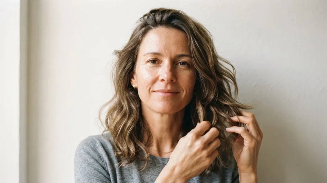 Woman with medium textured layers at collarbone running fingers through hair in warm morning light