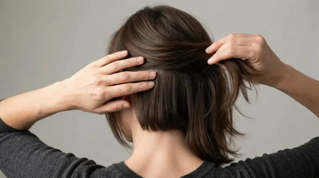 Two fingers separating a short interior crown layer from longer surrounding hair on a woman viewed from behind, showing the length gap clearly