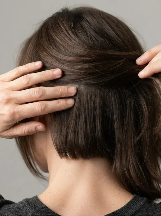 Two fingers separating a short interior crown layer from longer surrounding hair on a woman viewed from behind, showing the length gap clearly