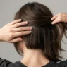 Two fingers separating a short interior crown layer from longer surrounding hair on a woman viewed from behind, showing the length gap clearly