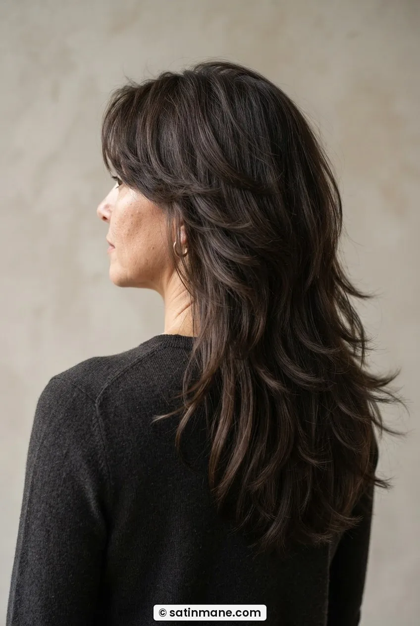 Woman with long dark butterfly cut hair shown at a three-quarter angle, layered shape visible in crown lift and long flowing exterior sections