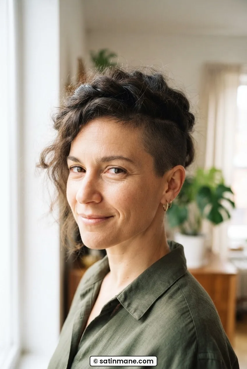 Woman with frizzy hair in a buzz-blended undercut with top section loosely twisted back