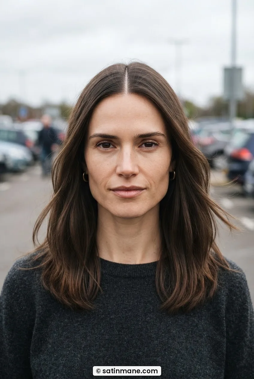 Woman with center-parted long lob showing vertical line from root to collarbone in car park setting
