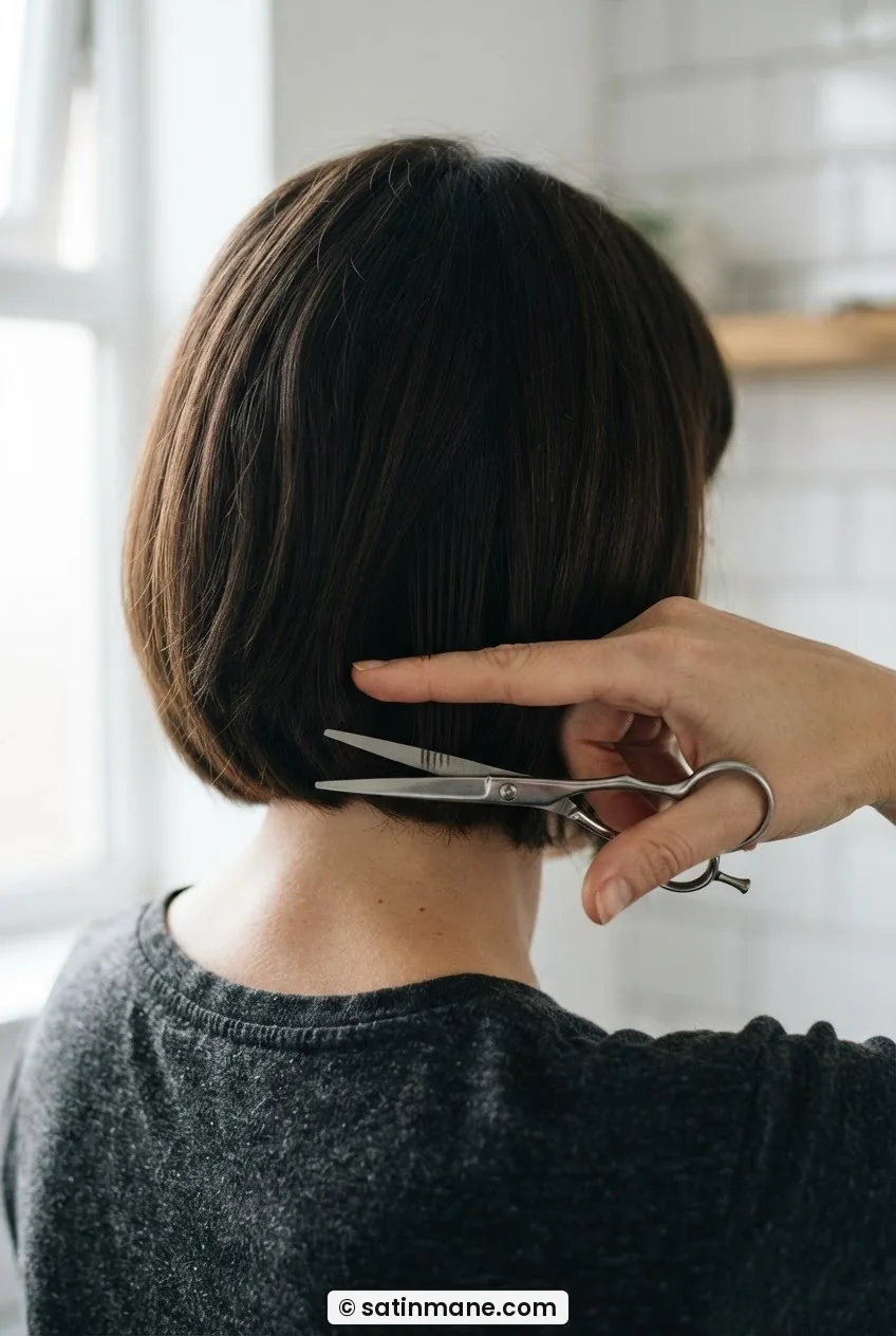 Close rear view of woman's hand holding centre-back guide strand with horizontal scissors at chin level
