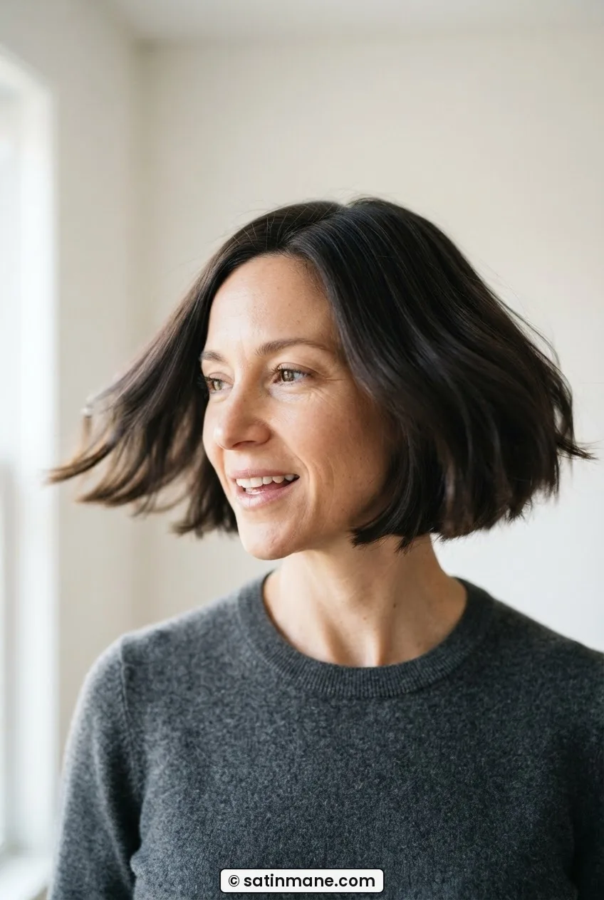Woman with oval face shaking chin-length bob into place, perimeter sitting above jawline in bright daylight