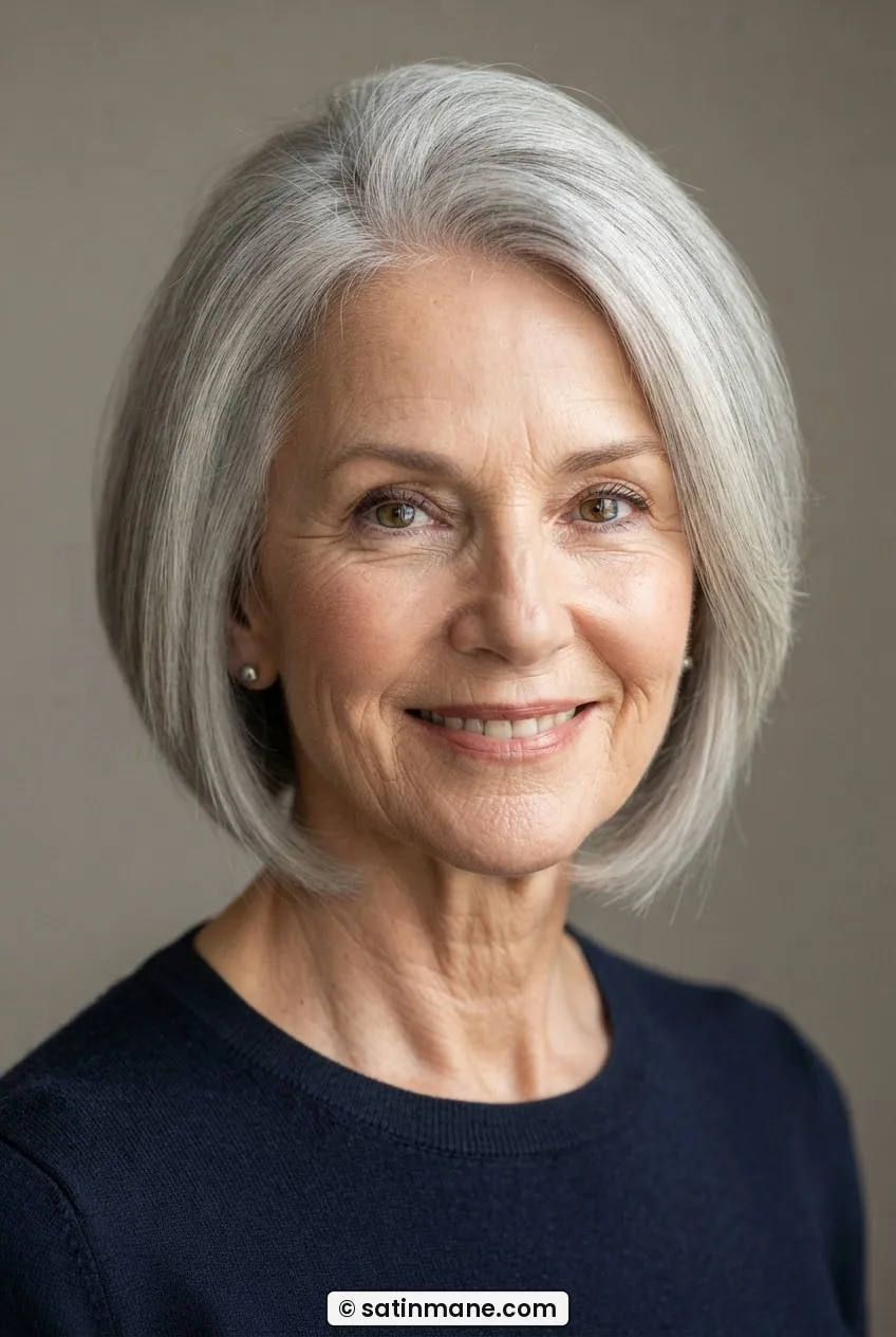 62-year-old woman with chin-length silver bob showing angled face-framing pieces and crown volume, flat through the sides