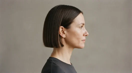 Woman with a chin-length blunt bob in side profile against a warm grey studio backdrop with soft front lighting