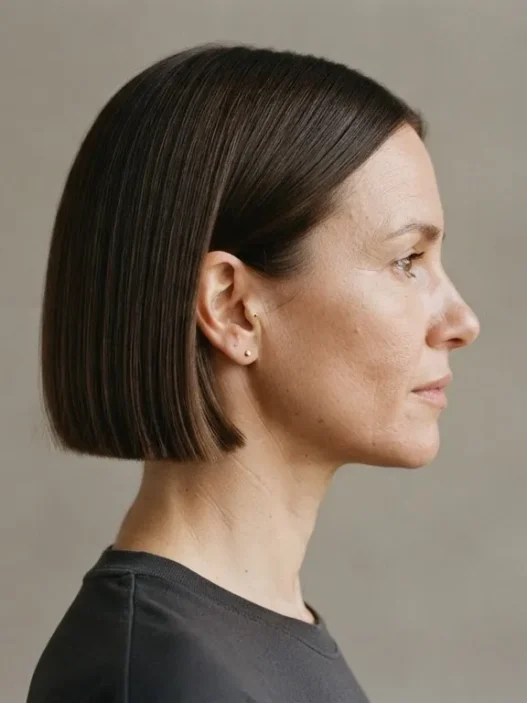 Woman with a chin-length blunt bob in side profile against a warm grey studio backdrop with soft front lighting