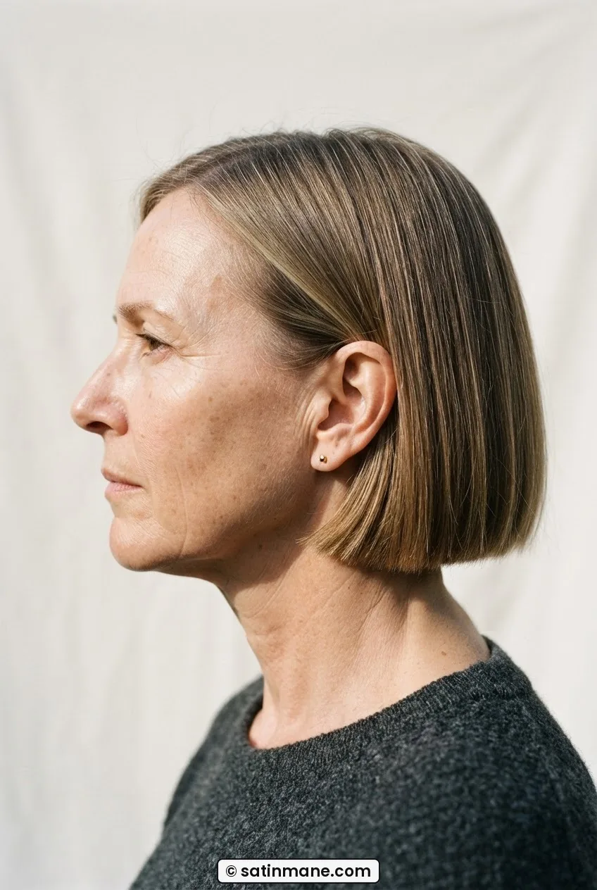 Woman with fine straight hair in a chin-length blunt bob photographed in direct profile showing jaw-level perimeter