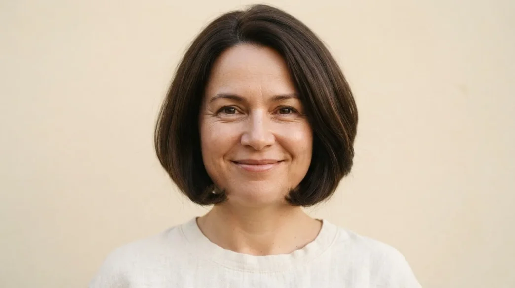 Woman with a round face wearing a curved chin-length bob with ends sitting just at the jaw, warm cream backdrop
