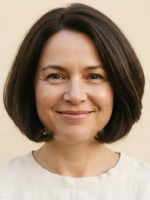 Woman with a round face wearing a curved chin-length bob with ends sitting just at the jaw, warm cream backdrop