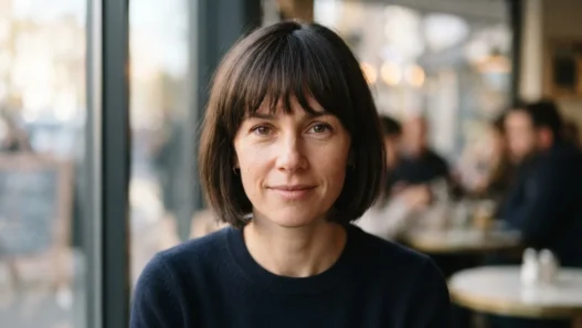 Woman with chin-length bob and soft fringe at café window seat in natural daylight