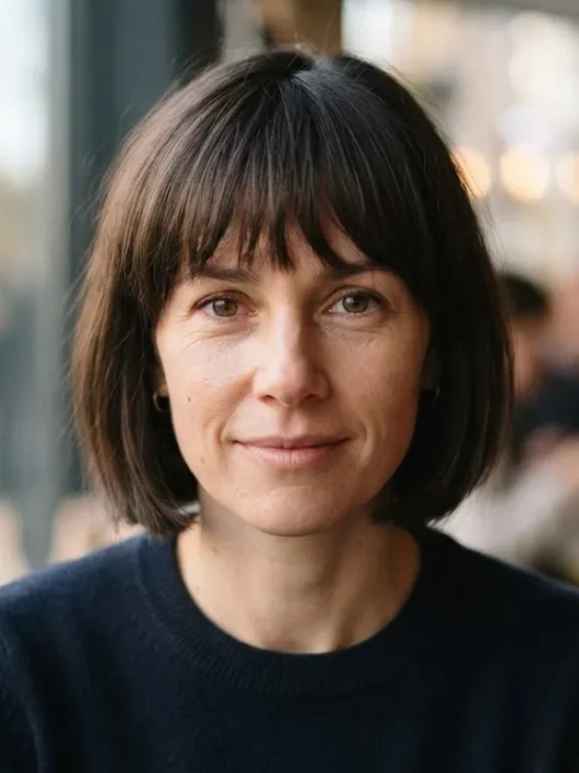 Woman with chin-length bob and soft fringe at café window seat in natural daylight
