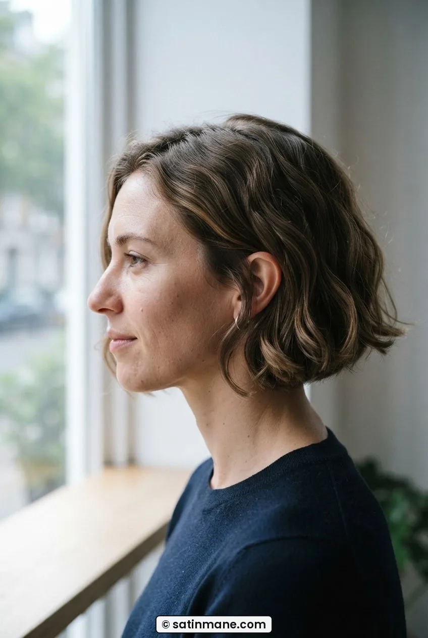 Woman with chin-length graduated bob on fine wavy hair showing wave bend toward the jaw in cool diffused daylight